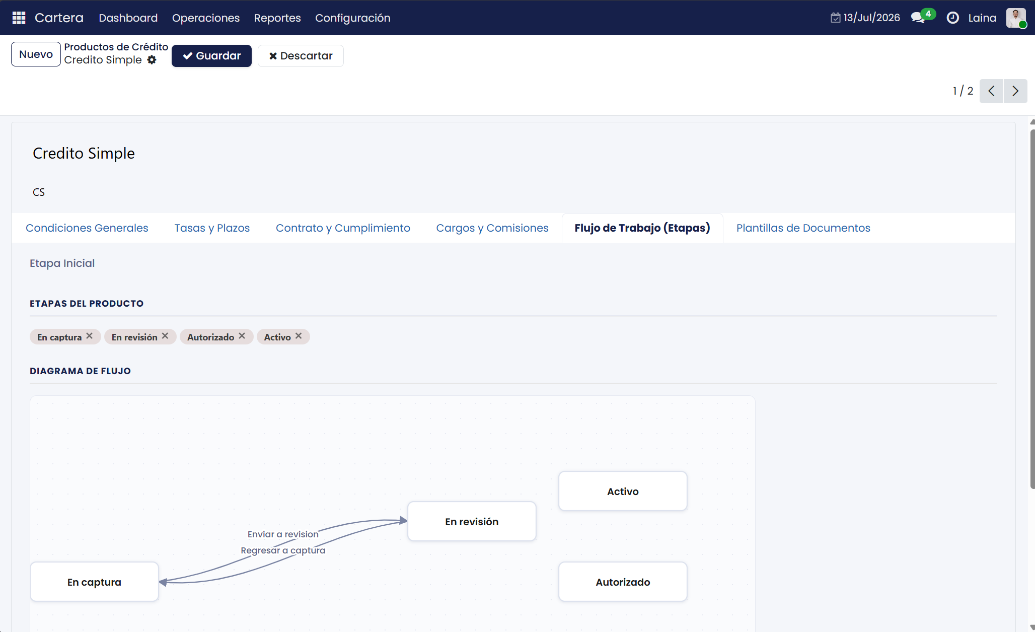 Editor visual del flujo de trabajo de un producto de crédito